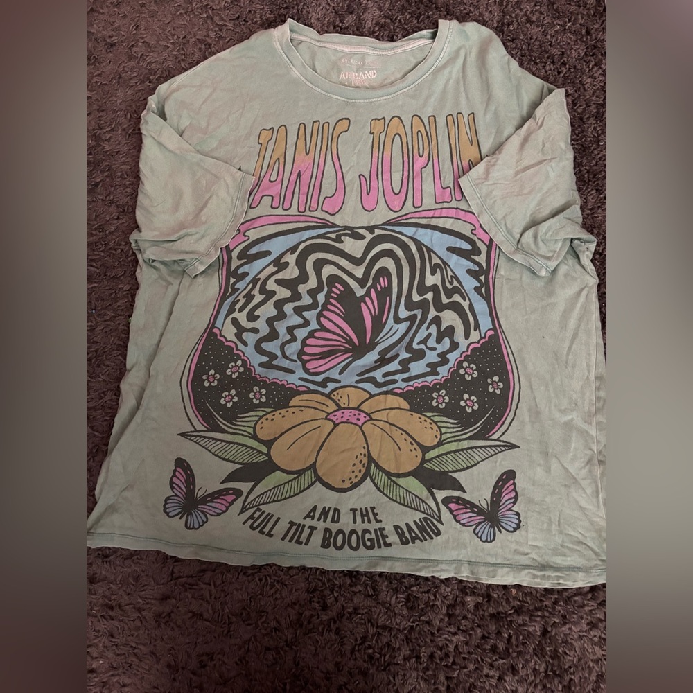Janis Joplin Graphic Tee - Sage Green Butterfly Print